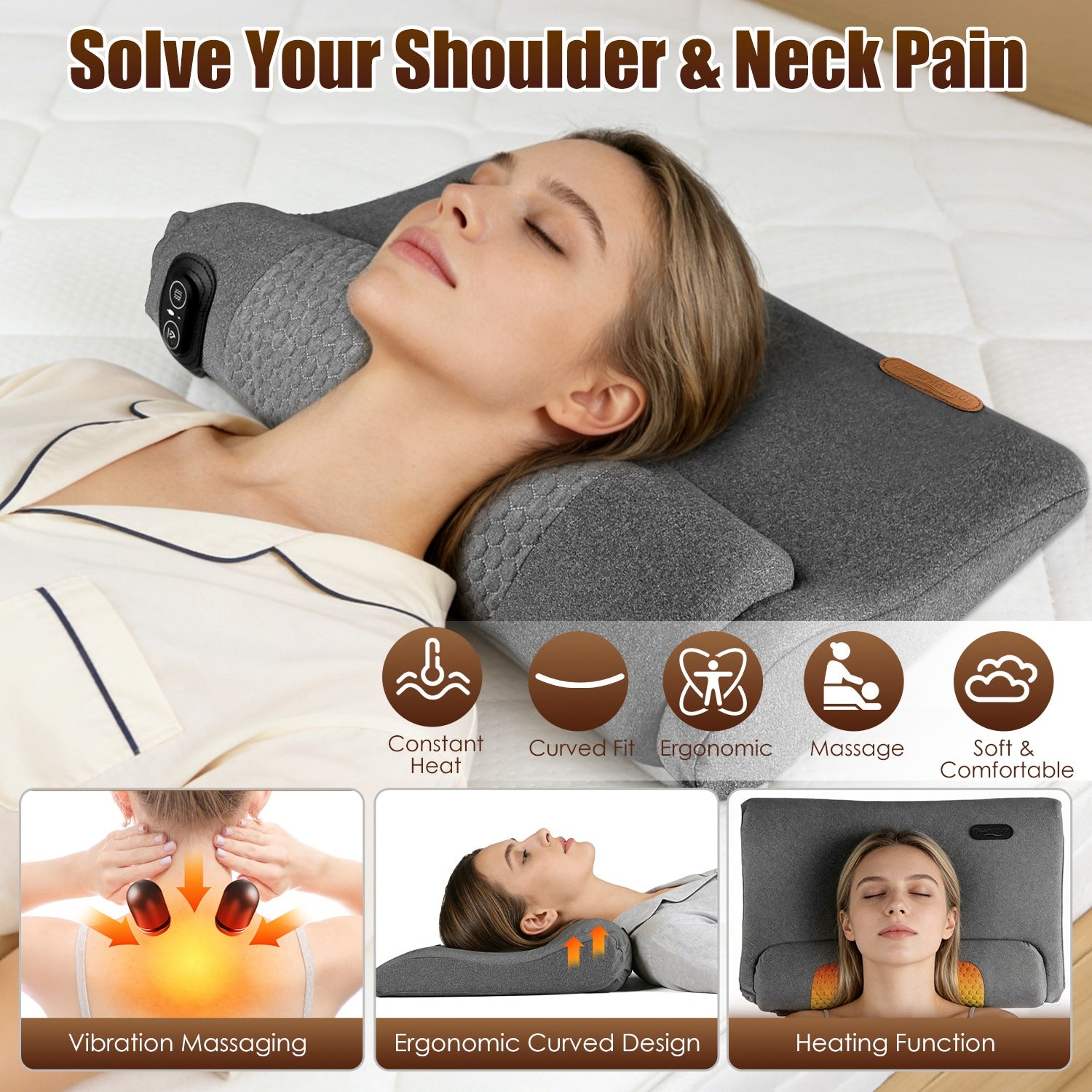 Neck & Back Massager Pillow – Heat + Vibration | USB Powered
